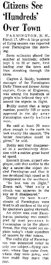 Farmington Invaded By Saucer Squadron (Body) - New Mexican 3-17-1950