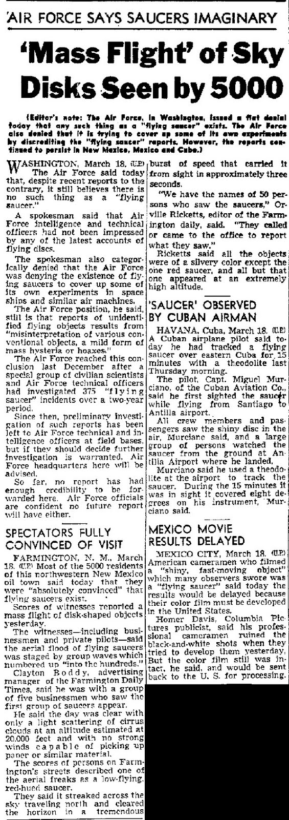 'Mass Flight' of Sky Disks Seen by 5000 - Long Beach Press-Telegram 3-18-1950