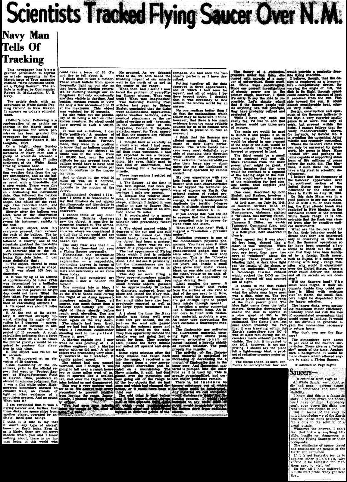 Scientists Tracked Flying Saucer Over New Mexico - Farmington Daily Times, The 2-22-1950